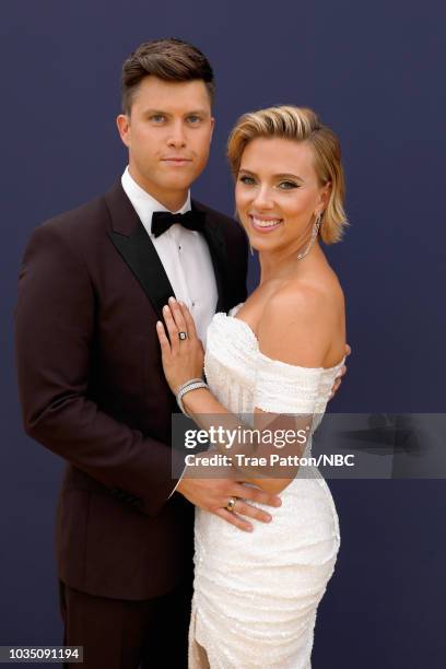 70th ANNUAL PRIMETIME EMMY AWARDS -- Pictured: Host Colin Jost and actor Scarlett Johansson arrive to the 70th Annual Primetime Emmy Awards held at...