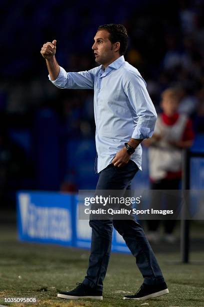 Ruben Baraja the manager of Sporting de Gijon gives his team instructions during the La Liga 123 match between Deportigo de La Coruna and Sporting de...