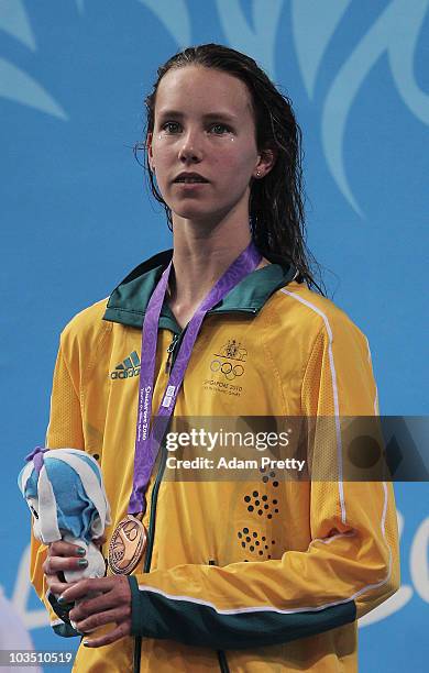 Emma McKeon of Australia after receiving her Bronze Medal in the Youth Womens 50m Freestyle final on day six of the Youth Olympics at Singapore...