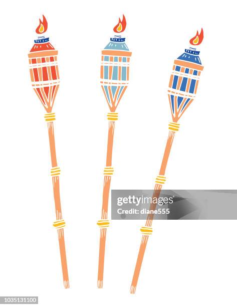 hand drawn fun cartoon style tropical tiki torches - tiki torch stock illustrations