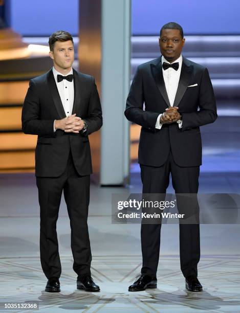 Colin Jost and Michael Che speak onstage during the 70th Emmy Awards at Microsoft Theater on September 17, 2018 in Los Angeles, California.