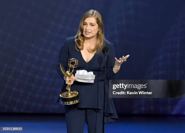 Merritt Wever accepts the Outstanding Supporting Actress in a Limited Series or Movie for 'Godless' onstage during the 70th Emmy Awards at Microsoft...