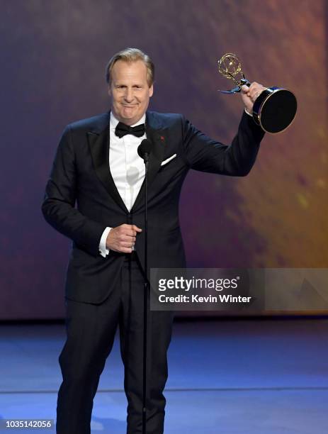 Jeff Daniels accepts the Outstanding Lead Actor in a Limited Series or Movie award for 'Godless' onstage during the 70th Emmy Awards at Microsoft...