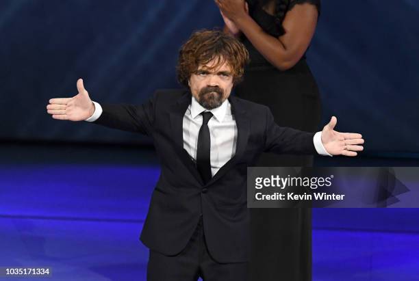 Peter Dinklage accepts the Outstanding Supporting Actor in a Drama Series award for 'Game of Thrones' onstage during the 70th Emmy Awards at...