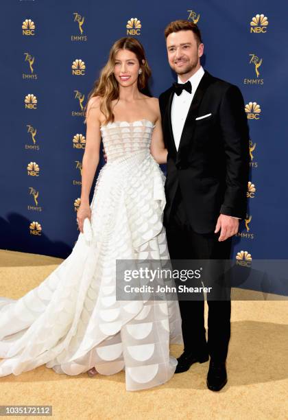 Jessica Biel and Justin Timberlake attend the 70th Emmy Awards at Microsoft Theater on September 17, 2018 in Los Angeles, California.