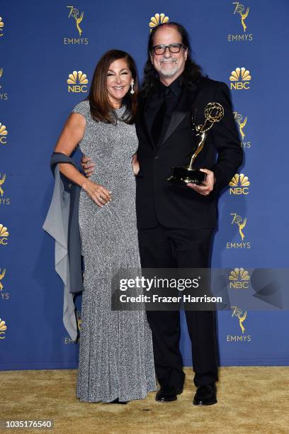 Outstanding Directing for a Variety Special winner Glenn Weiss poses with Jan Svendsen in the press room during the 70th Emmy Awards at Microsoft...