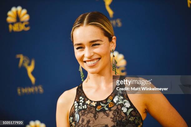 Emilia Clarke arrives at the 70th Emmy Awards on September 17, 2018 in Los Angeles, California.