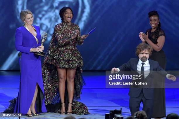 Samantha Bee and Taraji P. Henson present the award for Outstanding Supporting Actor in a Drama Series 'Game of Thrones' to Peter Dinklage onstage...