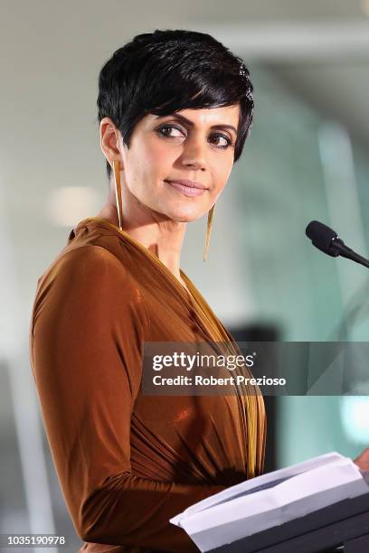 Mandira Bedi speaks during the BKT & Cricket Australia BBL Partnership Launch at Melbourne Cricket Ground on September 18, 2018 in Melbourne,...