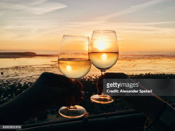 couple toasting with wine by the ocean during sunset, close up - portugal wine stock pictures, royalty-free photos & images