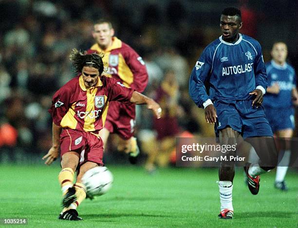 Benito Carbone of Bradford drives the ball at the Chelsea goal during the match between Bradford City and Chelsea in the FA Carling Premiership at...