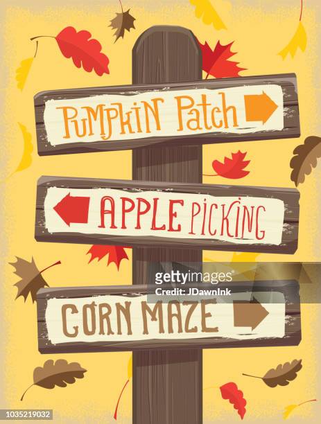 autumn pumpkin patch, apple picking and corn maze wooden signpost - apple orchard stock illustrations