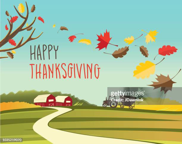 happy thanksgiving autumn design with handwriting text on colorful fall landscape - apple orchard stock illustrations