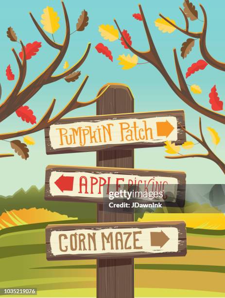 autumn pumpkin patch, apple picking and corn maze wooden signpost - apple orchard stock illustrations