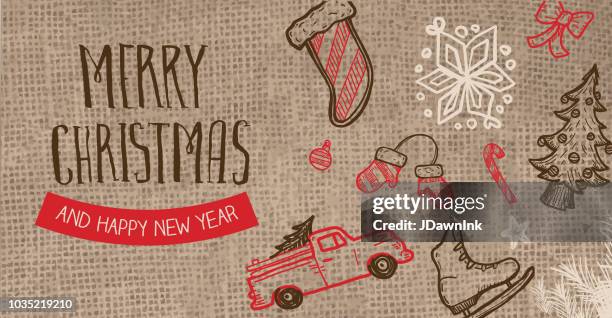 ilustrações, clipart, desenhos animados e ícones de modelo de design de convite de saudação de natal feliz - burlap