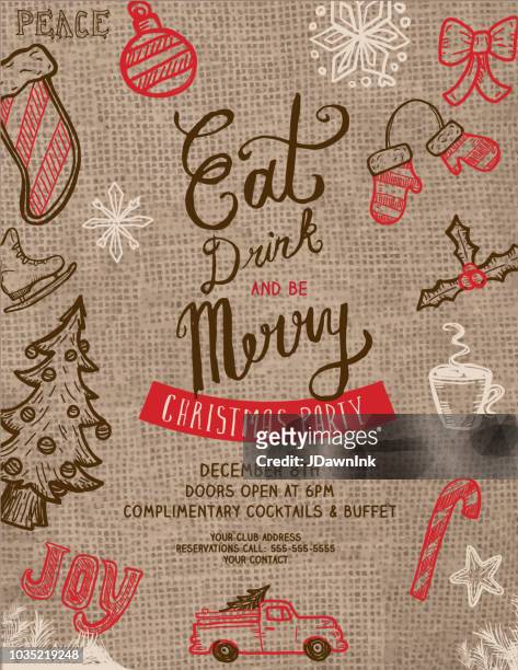 ilustrações, clipart, desenhos animados e ícones de comer, beber e ser feliz natal saudação convite modelo de design - burlap
