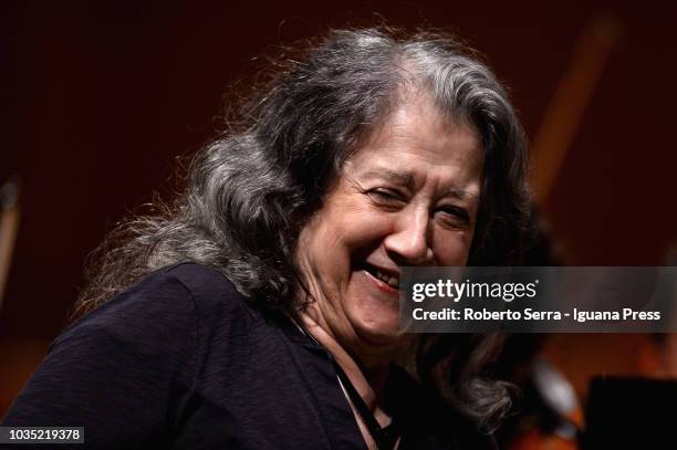 Argentinian pianist Martha Argerich during the rehearsal with the Youth Orchestra de Bahia conducted by Ricardo Castro for Bologna Festival at...