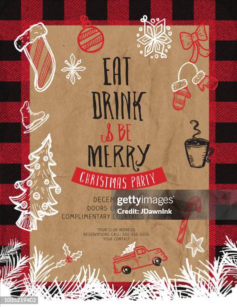 eat, drink and be merry christmas greeting invitation design template - christmas tartan stock illustrations
