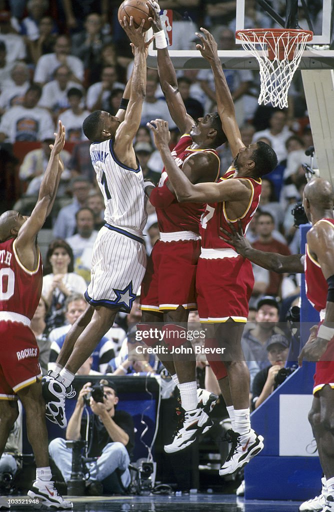 1995 Rockets Final Houston Rockets Hakeem Olajuwon in action, block vs Orlando Magic ...