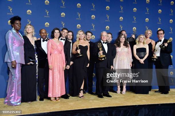 Cast and crew of Outstanding Variety Sketch Series winner Saturday Night Live pose in the press room during the 70th Emmy Awards at Microsoft Theater...
