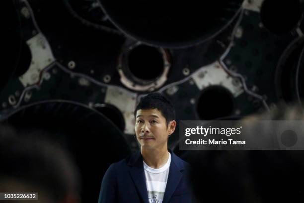 Yusaka Maezawa, the Japanese billionaire chosen by SpaceX CEO Elon Musk to fly around the moon, listens to a question on September 17, 2018 in...