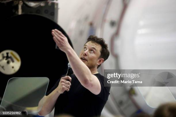 SpaceX CEO Elon Musk speaks at a press conference at SpaceX headquarters where he announced the Japanese billionaire chosen by the company to fly...