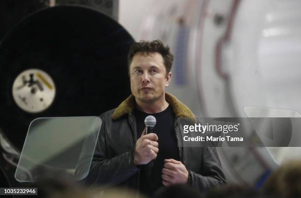 SpaceX CEO Elon Musk speaks at a press conference at SpaceX headquarters where he announced the Japanese billionaire chosen by the company to fly...