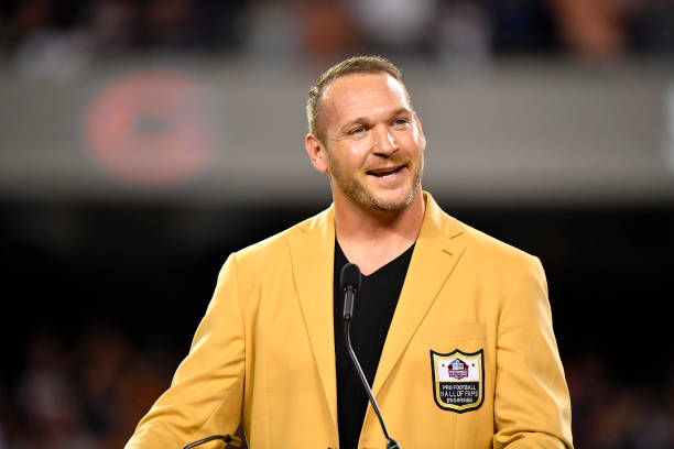 Brian Urlacher is honored with a Ring of Excellence ceremony for his recent induction into the Hall of Fame at Soldier Field on September 17, 2018 in...