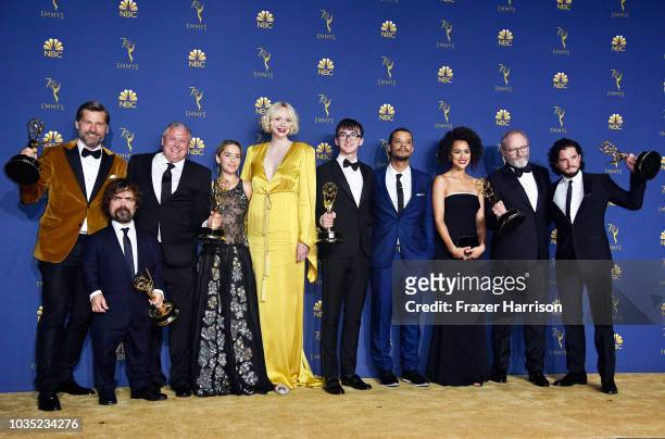 Cast of Outstanding Drama Series winner 'Game of Thrones' poses in the press room during the 70th Emmy Awards at Microsoft Theater on September 17,...
