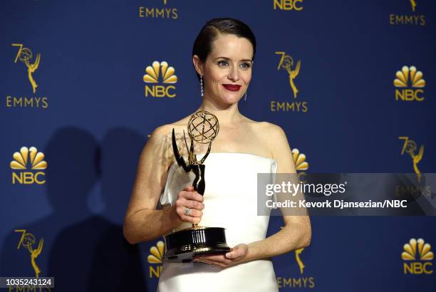 70th ANNUAL PRIMETIME EMMY AWARDS -- Pictured: Claire Foy poses with the Outstanding Lead Actress in a Drama Series award for 'The Crown' during the...