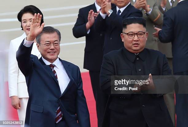 North Korean Leader Kim Jong Un meets with South Korean President Moon Jae-in for the Inter-Korean Summit at Pyongyang Sunan International Airport on...