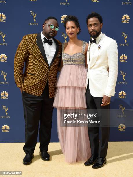 Brian Tyree Henry, Stefani Robinson and Lakeith Stanfield attend the 70th Emmy Awards at Microsoft Theater on September 17, 2018 in Los Angeles,...