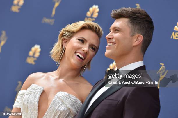 Scarlett Johansson and Colin Jost attend the 70th Emmy Awards at Microsoft Theater on September 17, 2018 in Los Angeles, California.