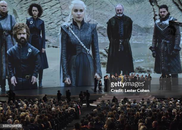 Weiss, David Benioff and cast and crew accept award for Outstanding Drama Series, 'Game of Thrones' onstage during the 70th Emmy Awards at Microsoft...