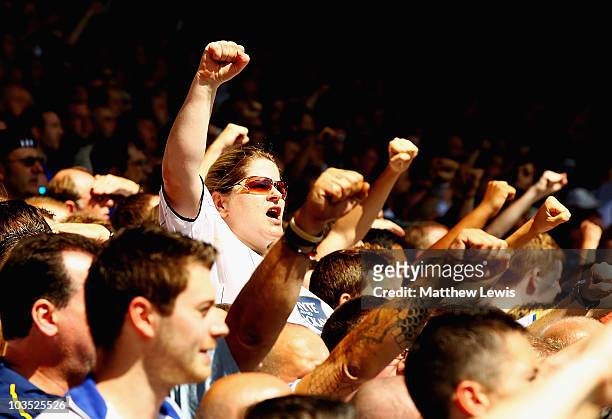 Lleds United supporter shows her support during the Npower Championship match between Leeds United and Millwall at Elland Road on August 21, 2010 in...
