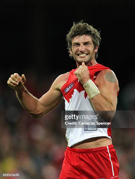 Brett Kirk of the Swans celebrates winning the round 21 AFL match between the Sydney Swans and the Western Bulldogs at Sydney Cricket Ground on...