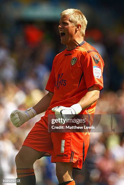 Kasper Schmeichel of Leeds celebrates Lloyd Sam's goal during the Npower Championship match between Leeds United and Millwall at Elland Road on...