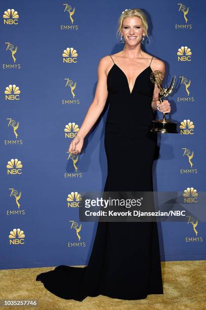70th ANNUAL PRIMETIME EMMY AWARDS -- Pictured: Lindsay Shookus poses with Outstanding Variety Sketch Series award for 'Saturday Night Live' during...