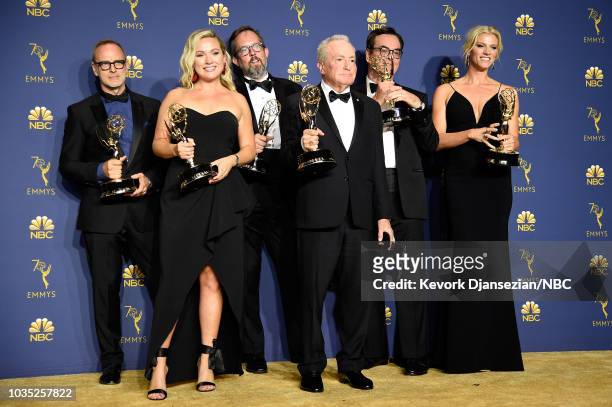 70th ANNUAL PRIMETIME EMMY AWARDS -- Pictured: Lorne Michaels and the cast of Saturday Night Live pose with the Outstanding Variety Sketch Series...