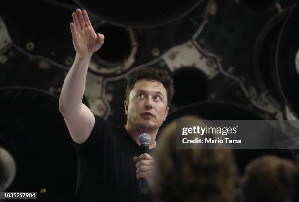 SpaceX CEO Elon Musk speaks at a press conference at SpaceX headquarters where he announced the Japanese billionaire chosen by the company to fly...