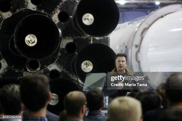 SpaceX CEO Elon Musk speaks at a press conference at SpaceX headquarters where he announced the Japanese billionaire chosen by the company to fly...