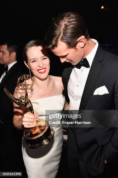 Claire Foy , winner of accepts the Outstanding Lead Actress in a Drama Series award for 'The Crown,' and Matt Smith attend the 70th Emmy Awards...