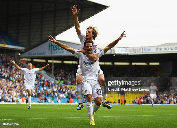 Davide Somma of Leeds celebrates his goal with team mate Luciano Becchio during the Npower Championship match between Leeds United and Millwall at...