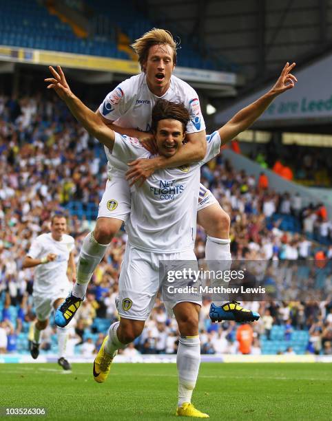 Davide Somma of Leeds celebrates his goal with team mate Luciano Becchio during the Npower Championship match between Leeds United and Millwall at...