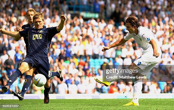 Davide Somma of Leeds scores his second goal during the Npower Championship match between Leeds United and Millwall at Elland Road on August 21, 2010...