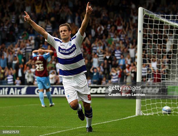 Heidar Helguson of Queen Park Rangers celebrates scoring during the npower Championship match between Queens Park Rangers and Scunthorpe United at...