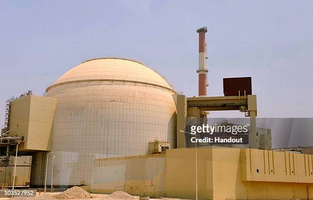 This handout image supplied by the IIPA shows a view of the reactor building at the Russian-built Bushehr nuclear power plant as the first fuel is...
