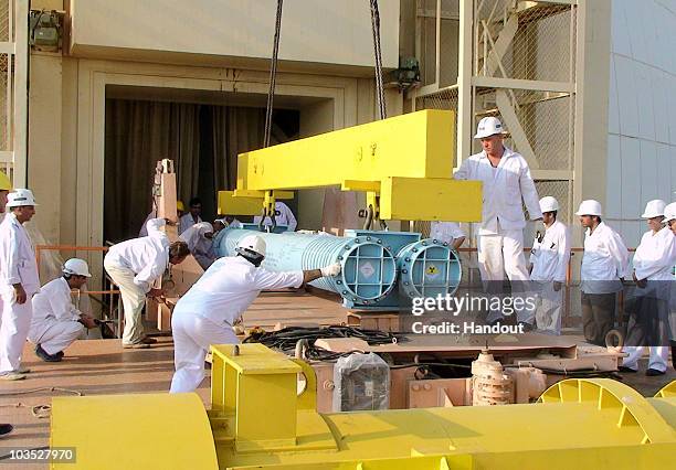 This handout image supplied by the IIPA shows a view of the reactor building at the Russian-built Bushehr nuclear power plant as the first fuel is...