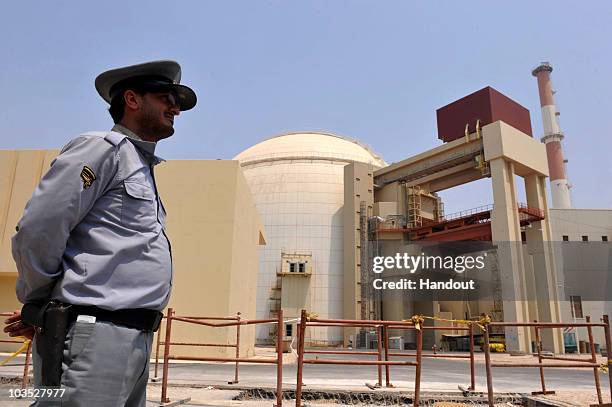 This handout image supplied by the IIPA shows a view of the reactor building at the Russian-built Bushehr nuclear power plant as the first fuel is...