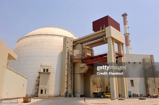 This handout image supplied by the IIPA shows a view of the reactor building at the Russian-built Bushehr nuclear power plant as the first fuel is...